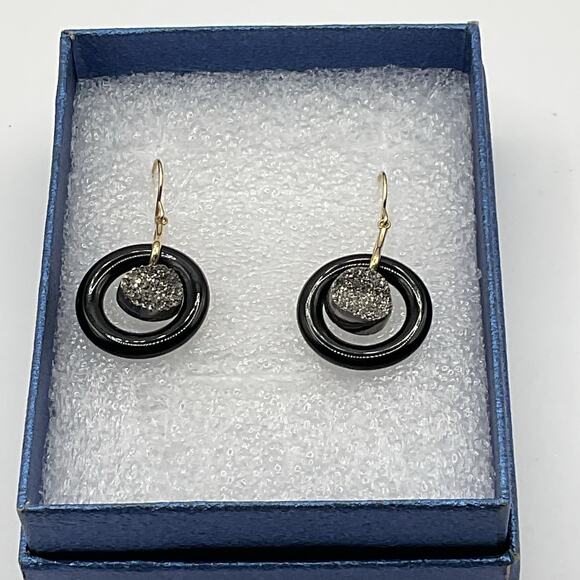 14k Gold Earrings Druzy Hemitate Black Onyx Dangle Hook 1.5” JCM Signed Dangle - Picture 9 of 10